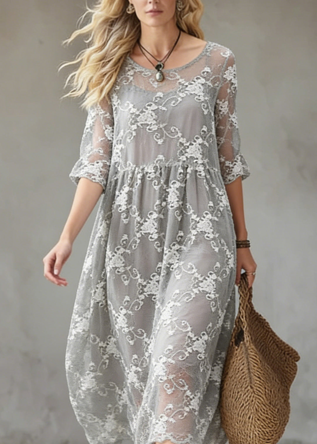 Elegant Grey O-Neck Embroidered Silk Cotton Dress Summer