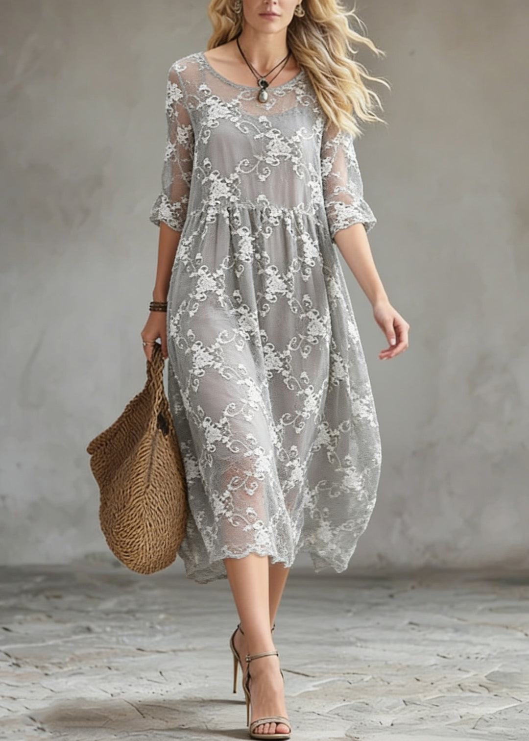 Elegant Grey O-Neck Embroidered Silk Cotton Dress Summer