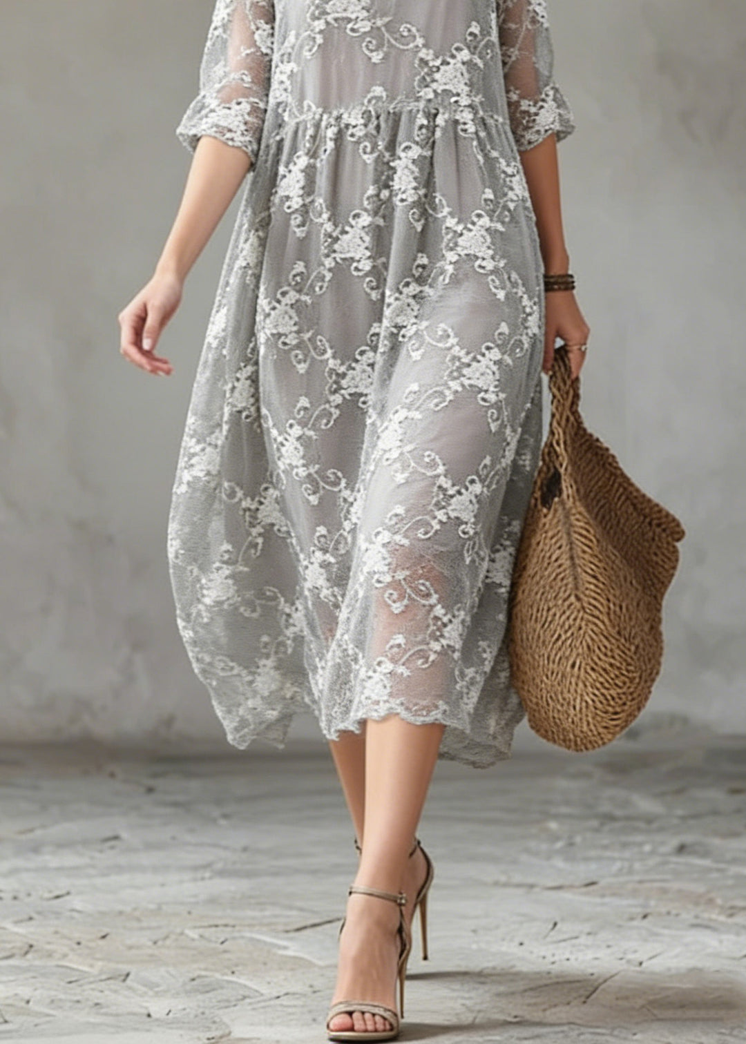 Elegant Grey O-Neck Embroidered Silk Cotton Dress Summer