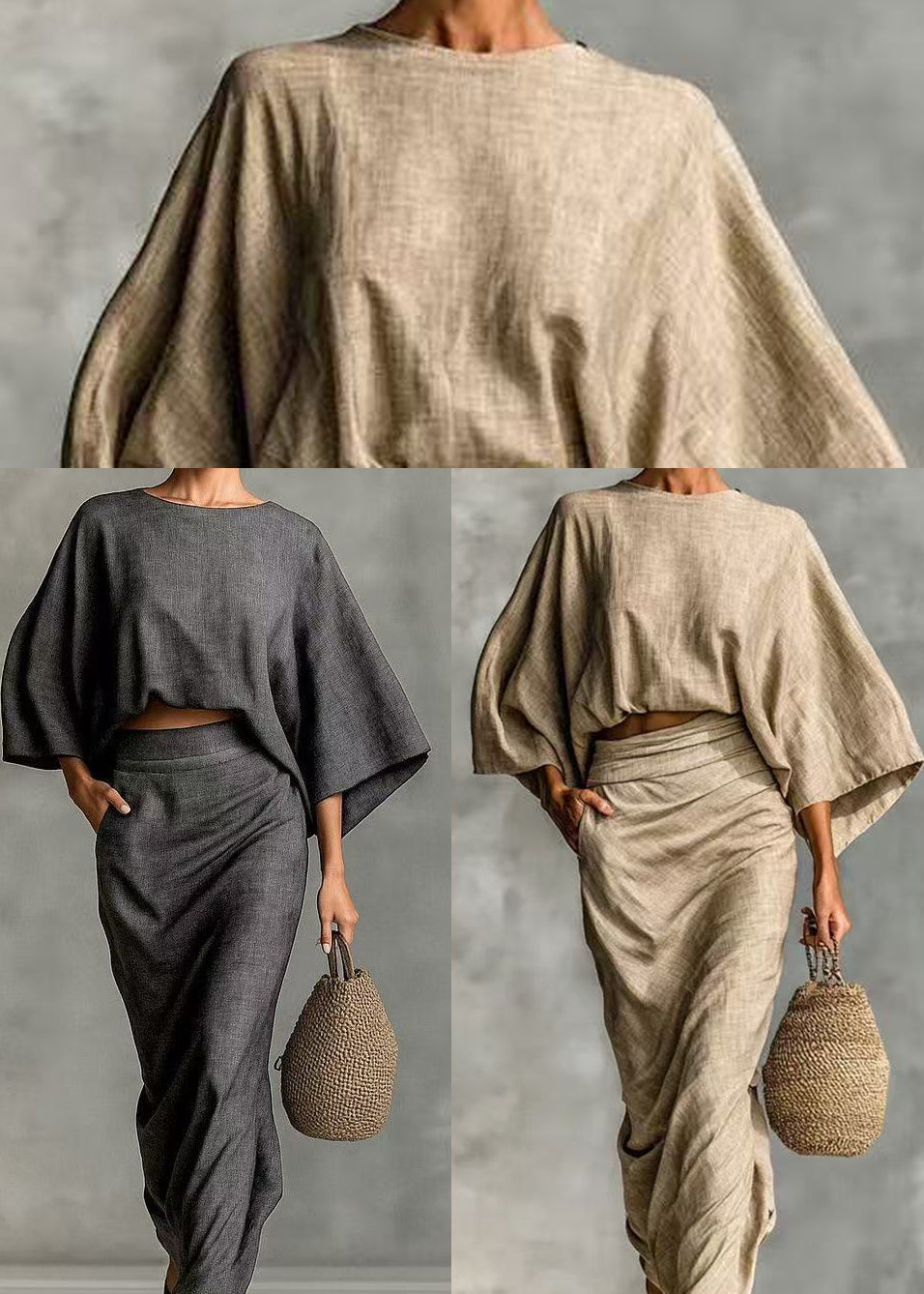 Elegant Grey Oversized Linen Two Pieces Set Batwing Sleeve