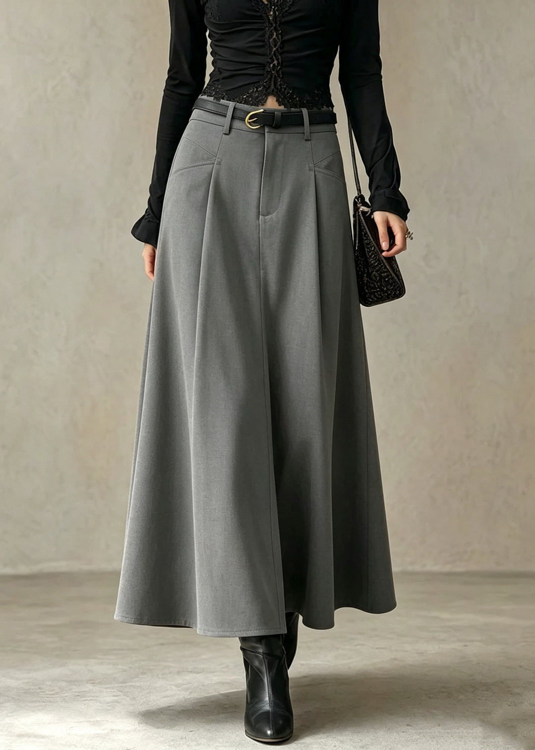 Elegant Grey Pockets Patchwork High Waist Cotton Skirt Fall