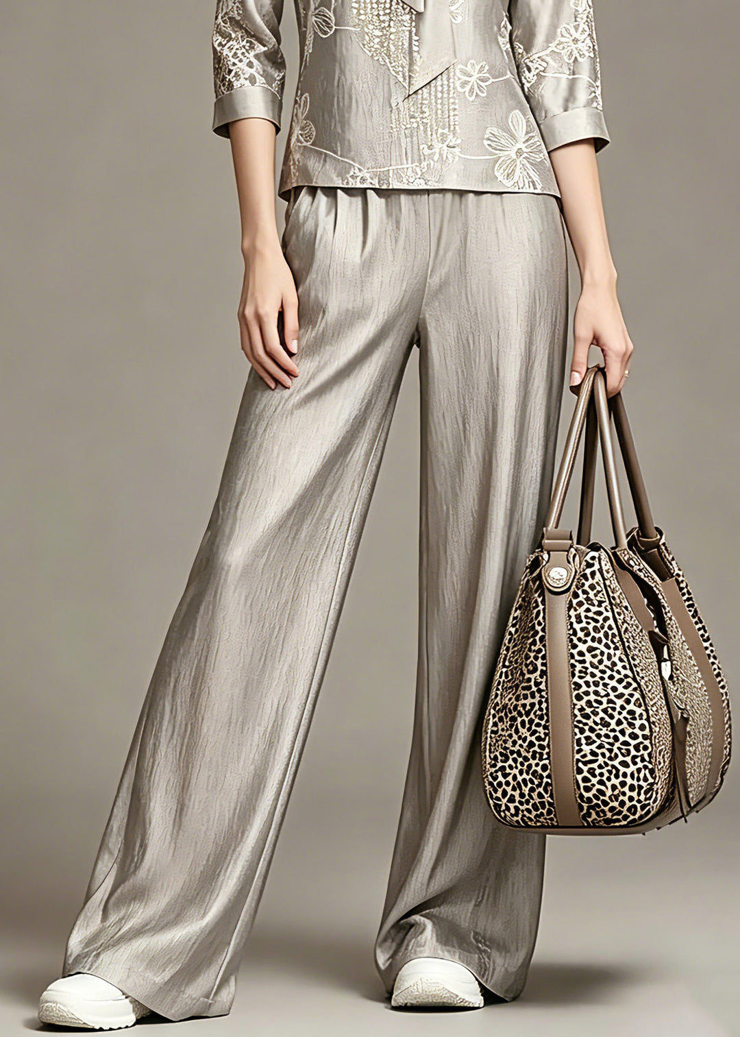 Elegant Grey Print Top And Wide Leg Pants Two Piece Set Spring
