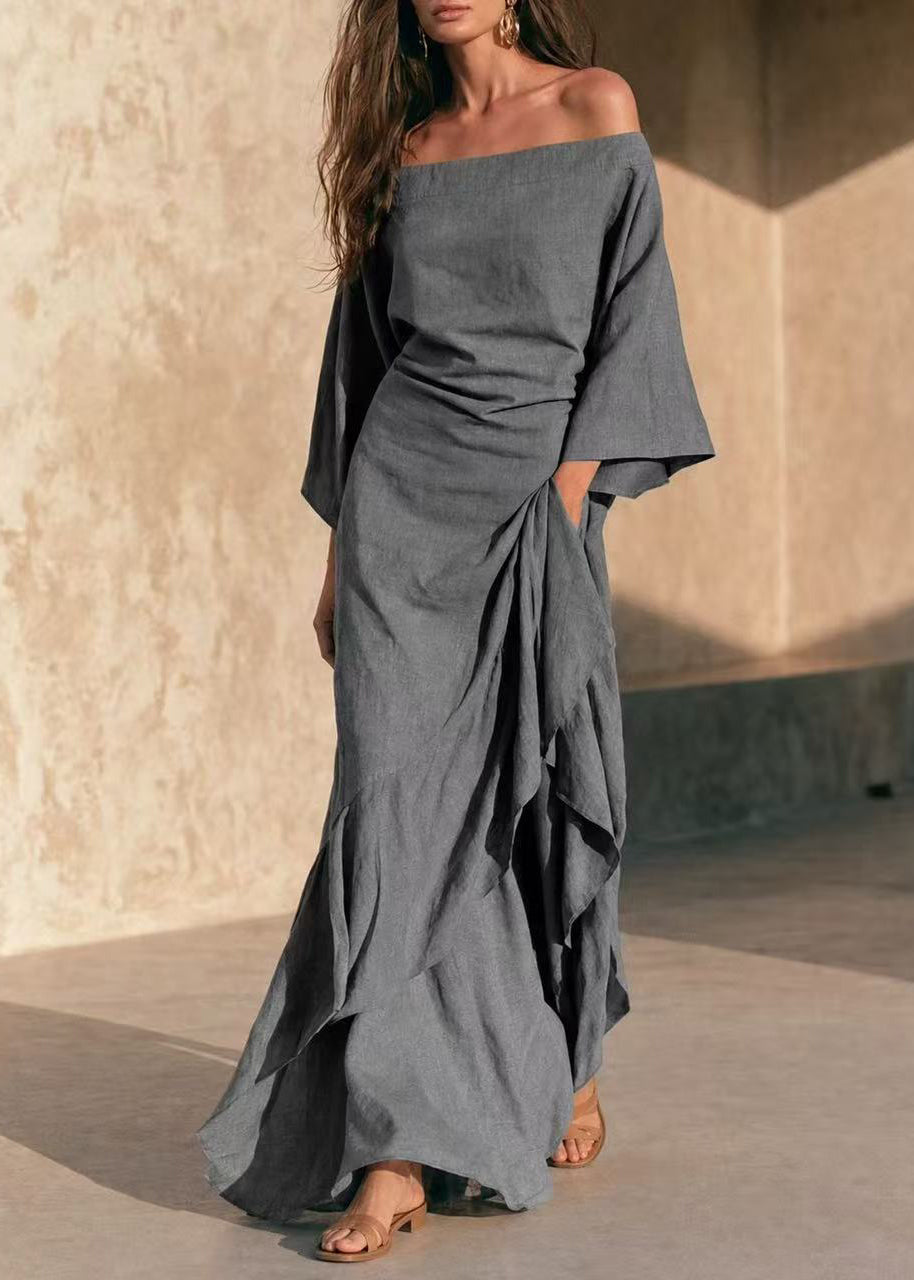 Elegant Grey Slash Neck Asymmetrical Holiday Dress Bracelet Sleeve