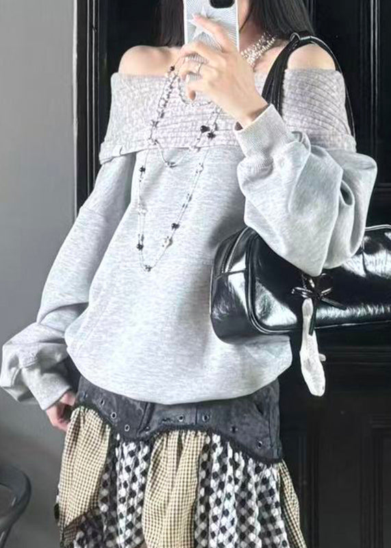 Elegant Grey Slash Neck Patchwork Sweatshirt Lantern Sleeve