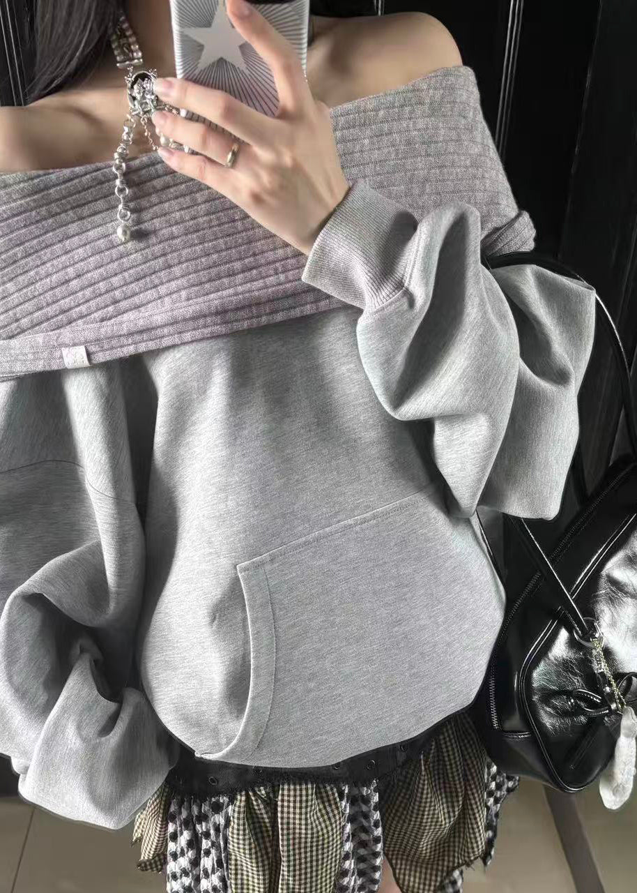 Elegant Grey Slash Neck Patchwork Sweatshirt Lantern Sleeve