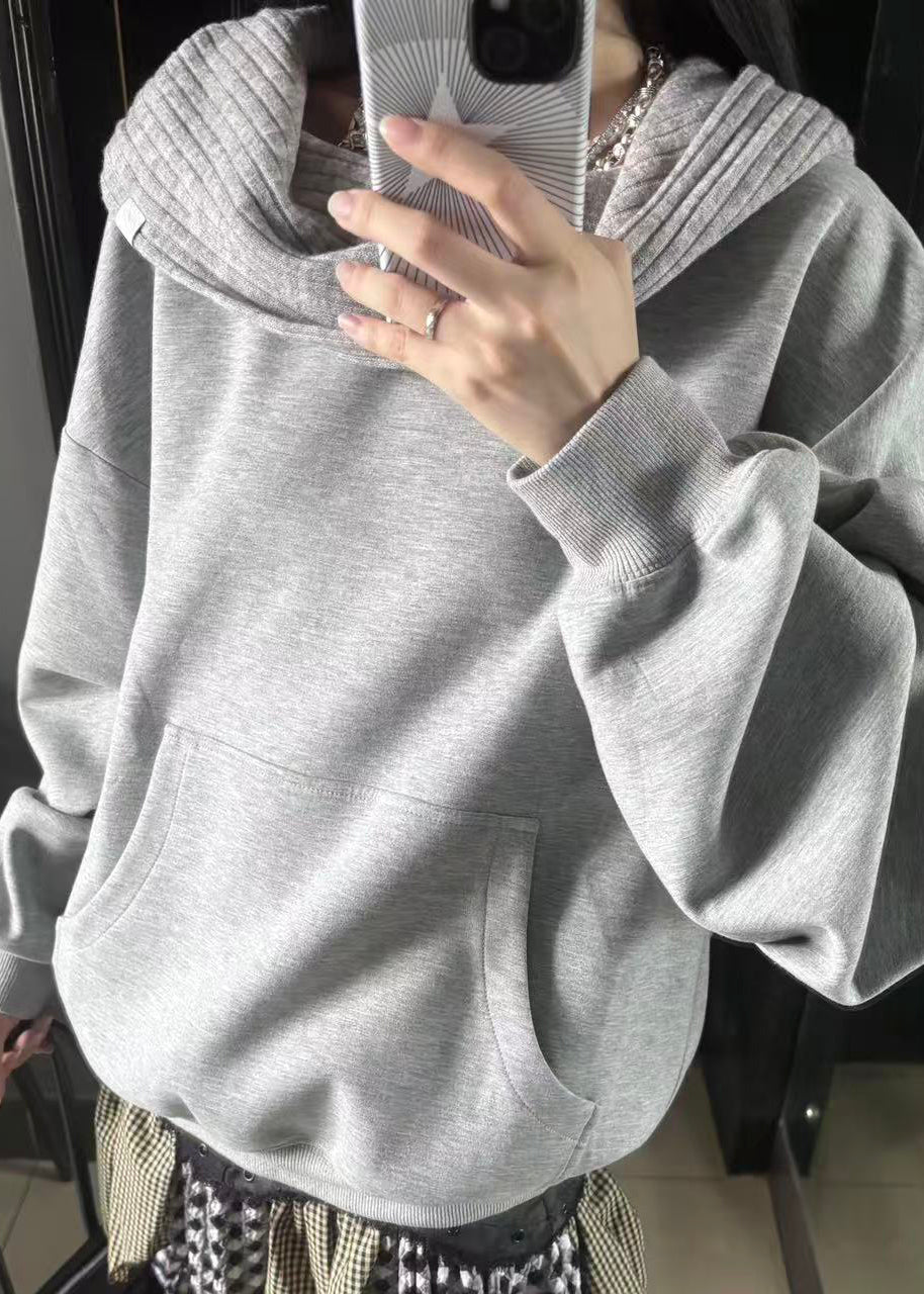Elegant Grey Slash Neck Patchwork Sweatshirt Lantern Sleeve