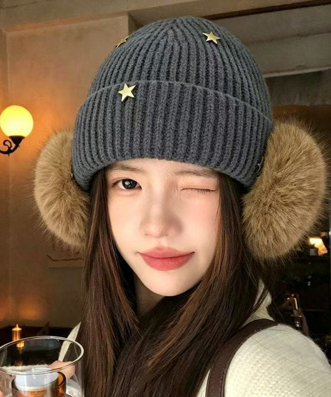 Elegant Grey Star With Earmuffs Thick Knit Bonnie Hat