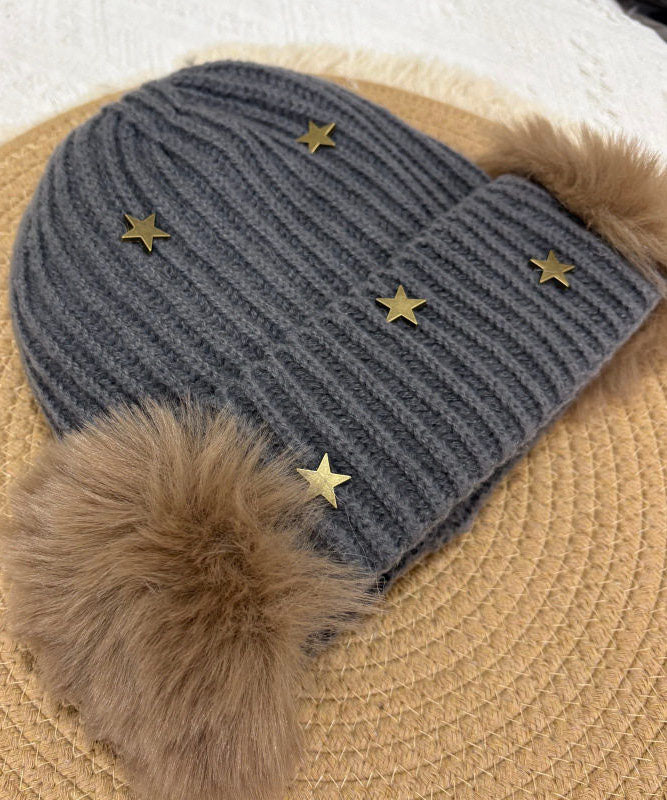 Elegant Grey Star With Earmuffs Thick Knit Bonnie Hat