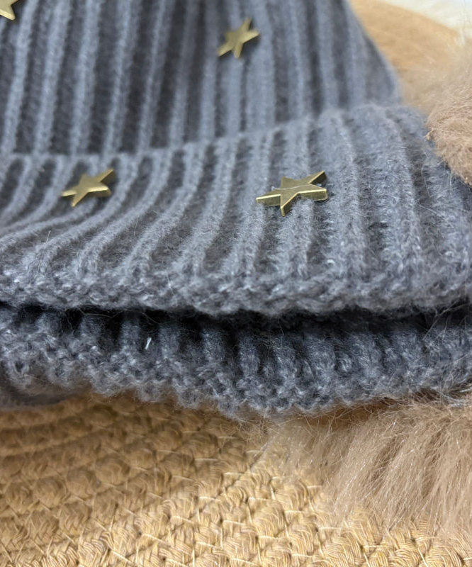 Elegant Grey Star With Earmuffs Thick Knit Bonnie Hat