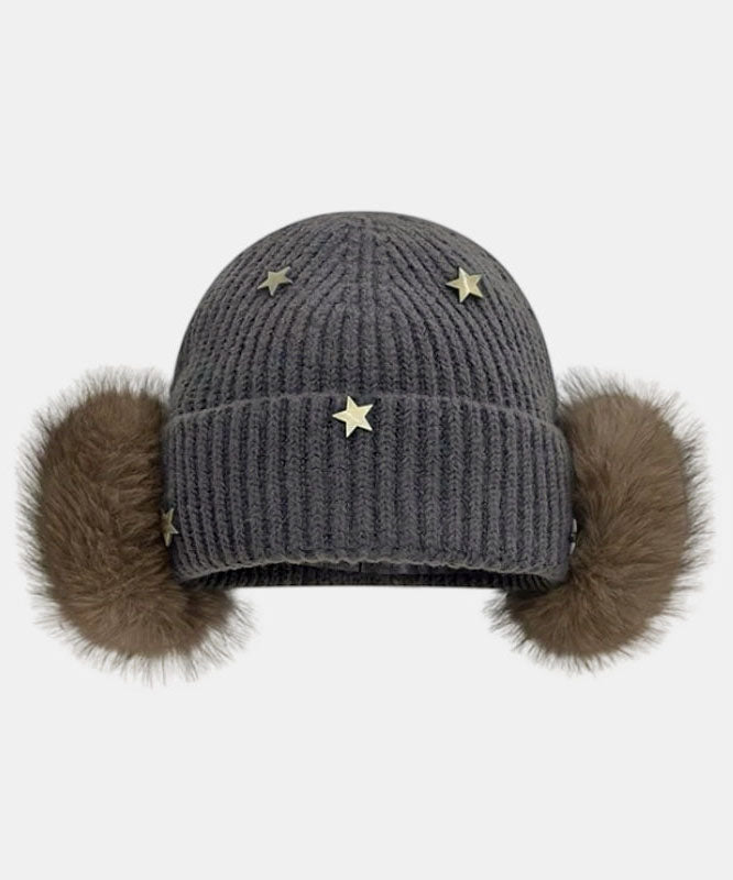 Elegant Grey Star With Earmuffs Thick Knit Bonnie Hat