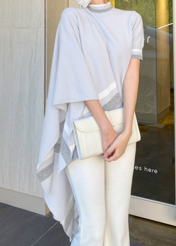 Elegant Grey Striped Warm Knit Two Pieces Set Fall