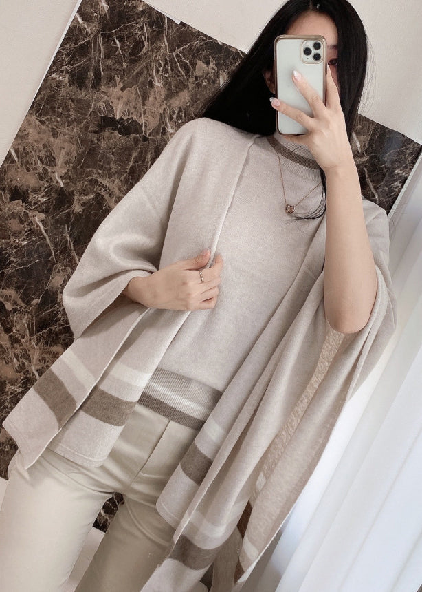 Elegant Grey Striped Warm Knit Two Pieces Set Fall