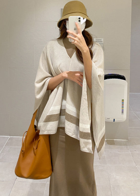 Elegant Grey Striped Warm Knit Two Pieces Set Fall