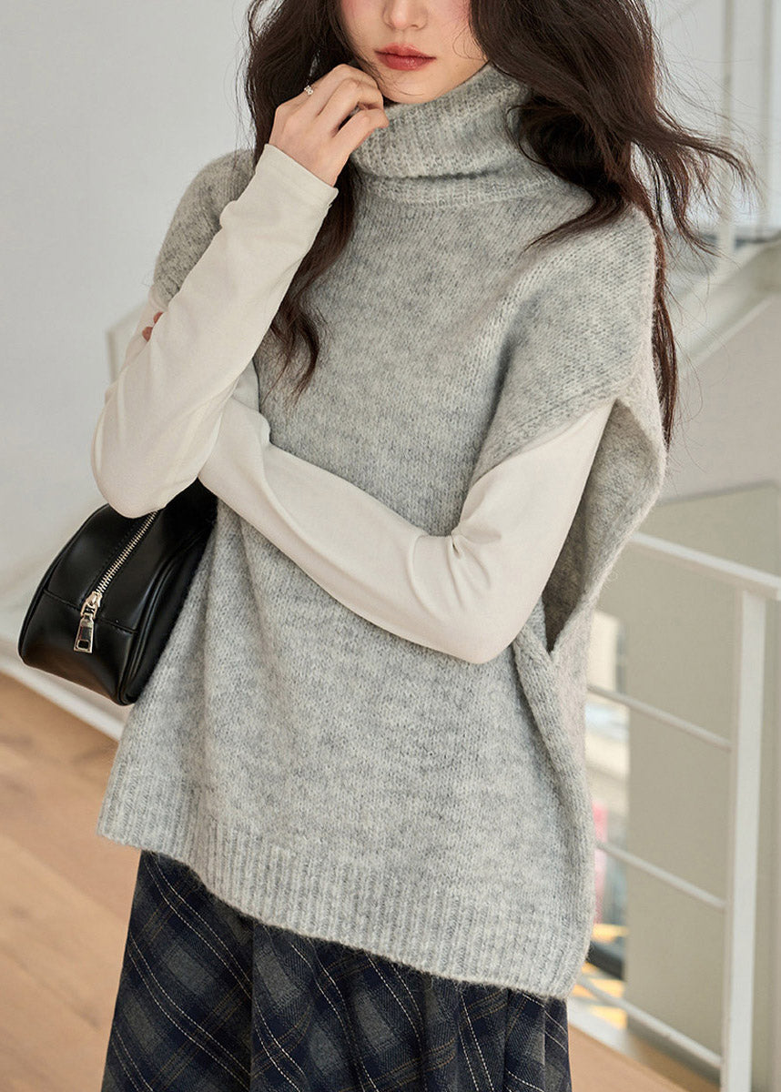 Elegant Grey Turtleneck Cotton Knit Waistcoat Short Sleeve