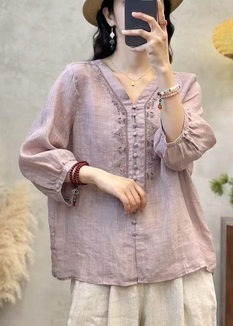 Elegant Grey V Neck Embroidered Linen Shirts Bracelet Sleeve
