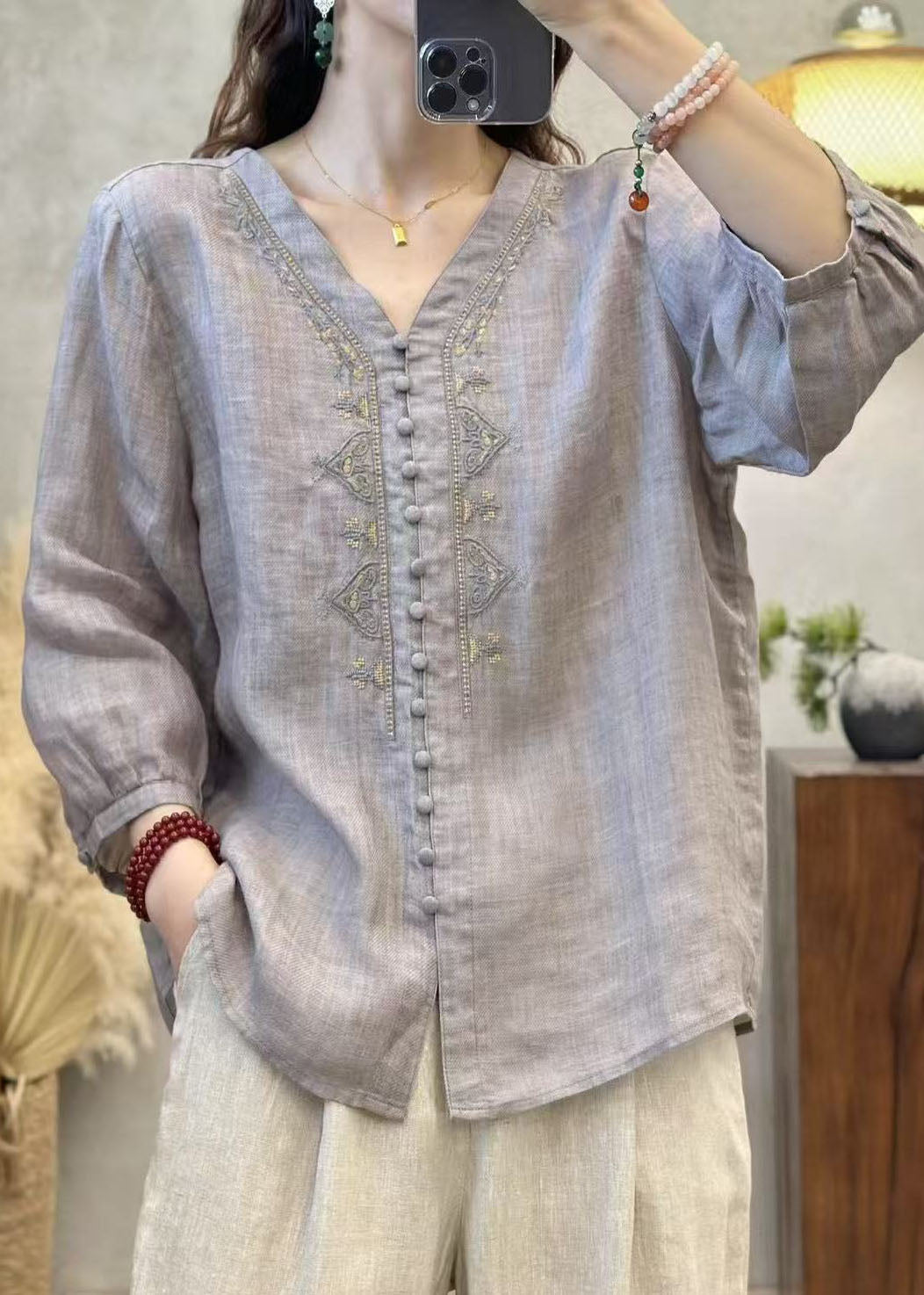 Elegant Grey V Neck Embroidered Linen Shirts Bracelet Sleeve