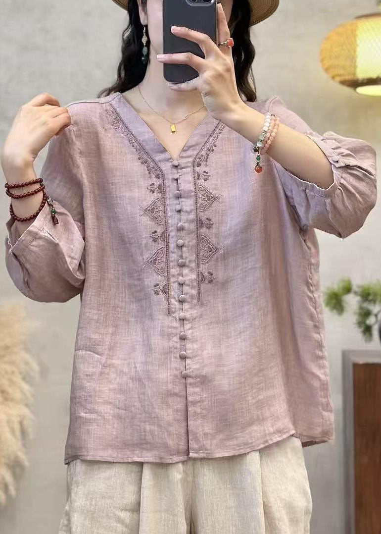 Elegant Grey V Neck Embroidered Linen Shirts Bracelet Sleeve