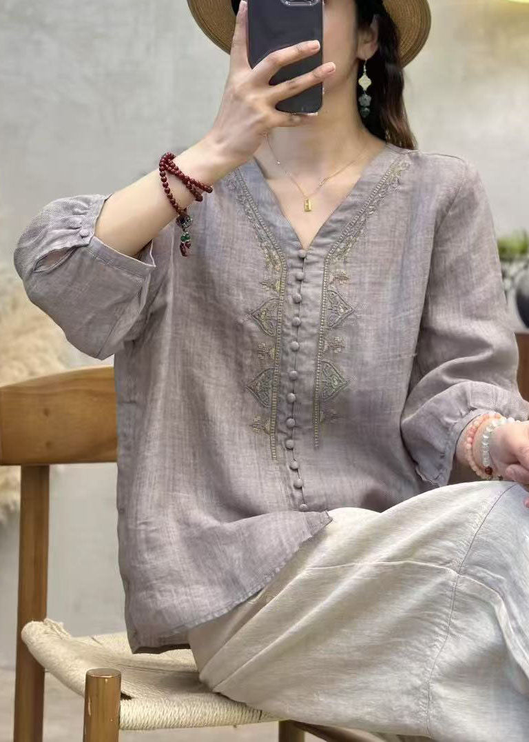 Elegant Grey V Neck Embroidered Linen Shirts Bracelet Sleeve