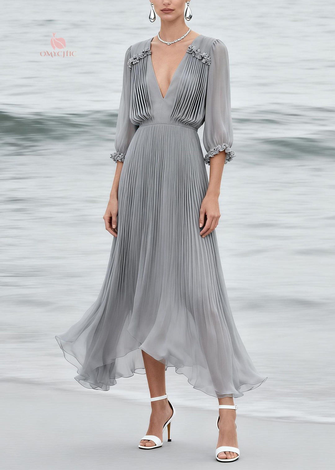 Elegant Grey V Neck Floral Wrinkled Chiffon Dress Summer