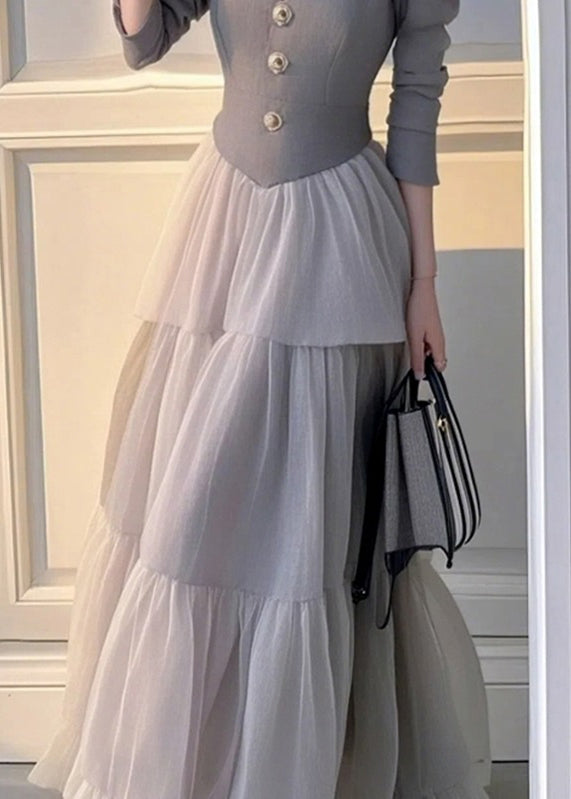 Elegant Grey V Neck Patchwork Tulle Long Dress Spring