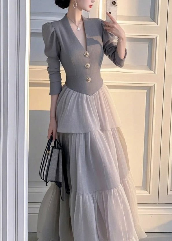 Elegant Grey V Neck Patchwork Tulle Long Dress Spring