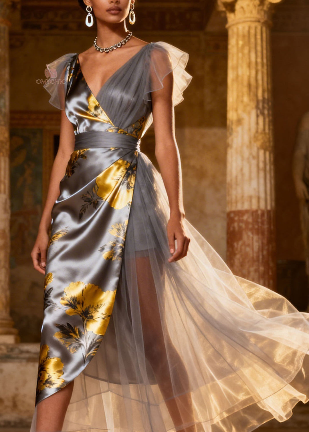 Elegant Grey V Neck Tulle Patchwork Silk Long Dress Summer