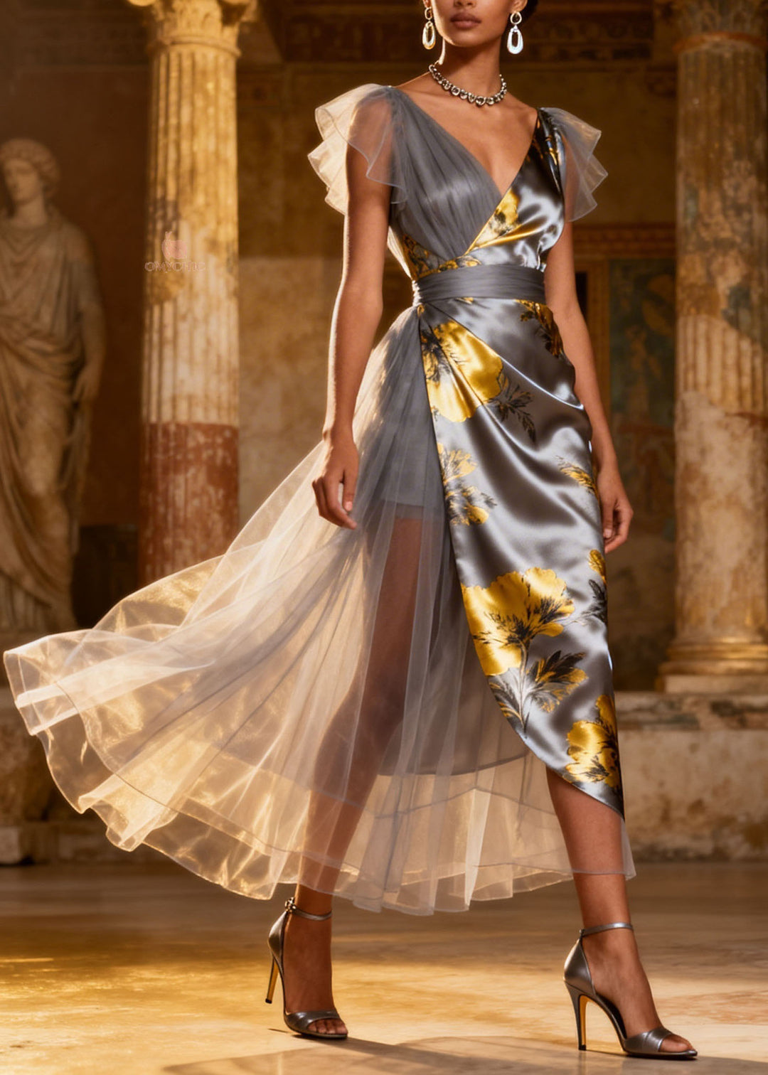 Elegant Grey V Neck Tulle Patchwork Silk Long Dress Summer