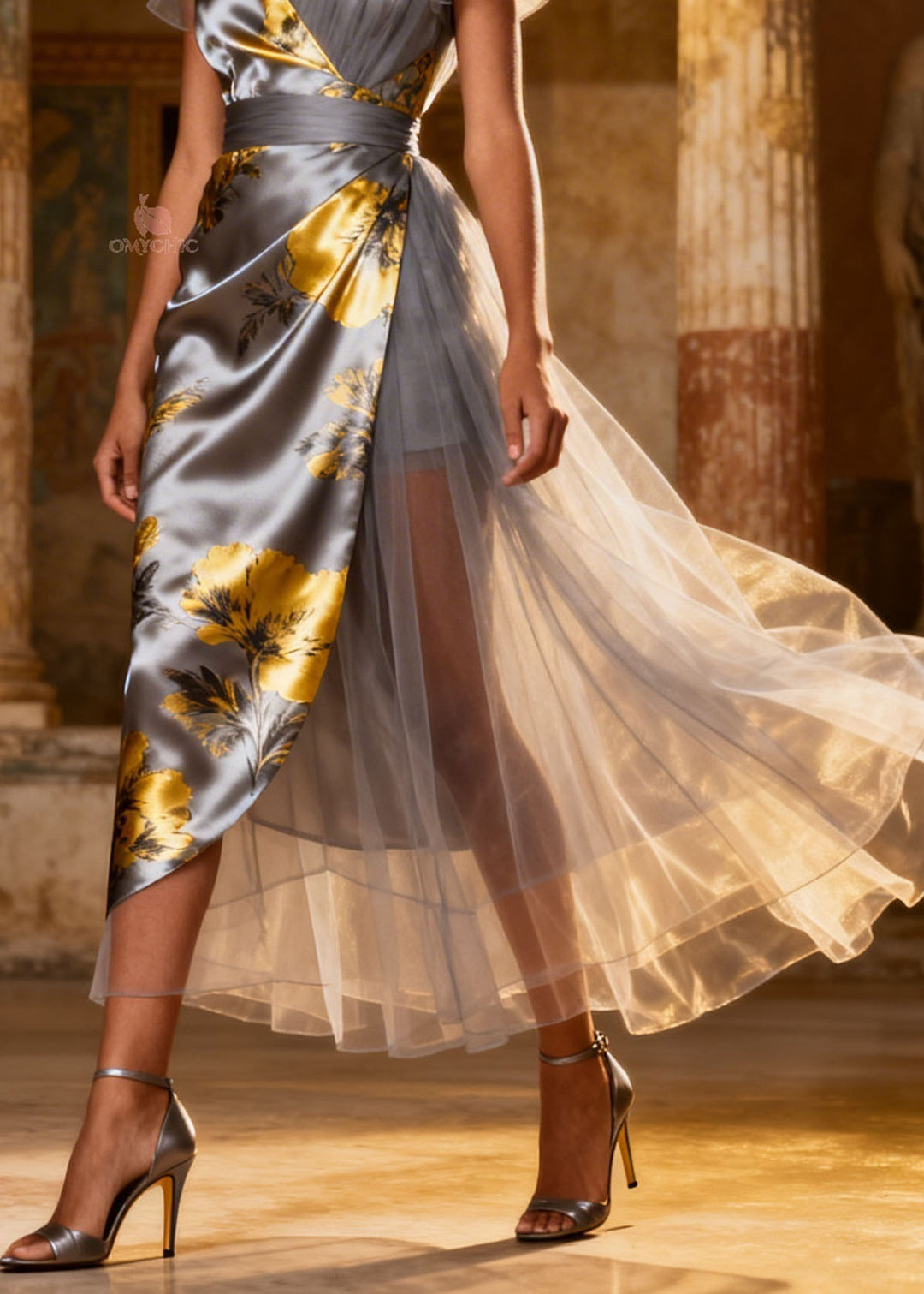 Elegant Grey V Neck Tulle Patchwork Silk Long Dress Summer