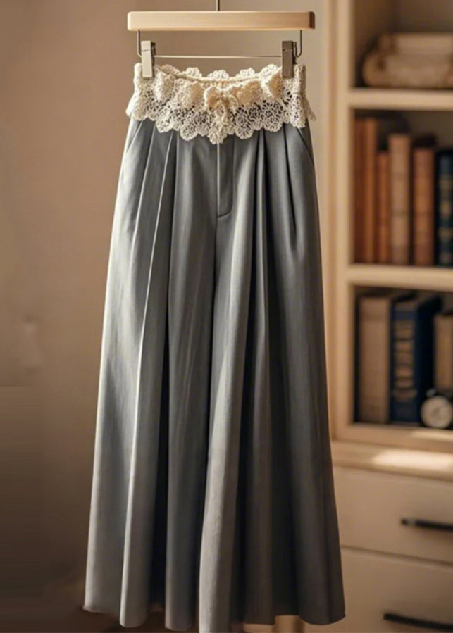 Elegant Grey Wrinkled Patchwork Lace Wide Leg Pants Fall