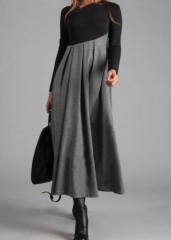 Elegant Grey Wrinkled Patchwork Woolen Long Dress Spring
