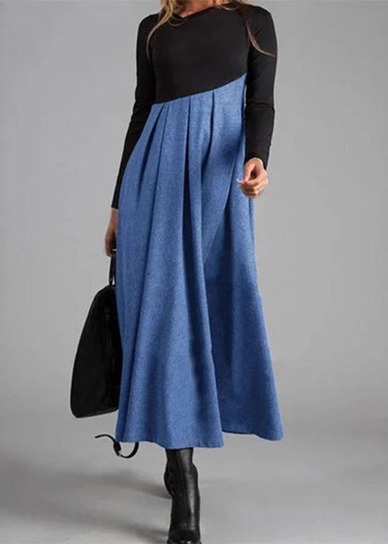 Elegant Grey Wrinkled Patchwork Woolen Long Dress Spring