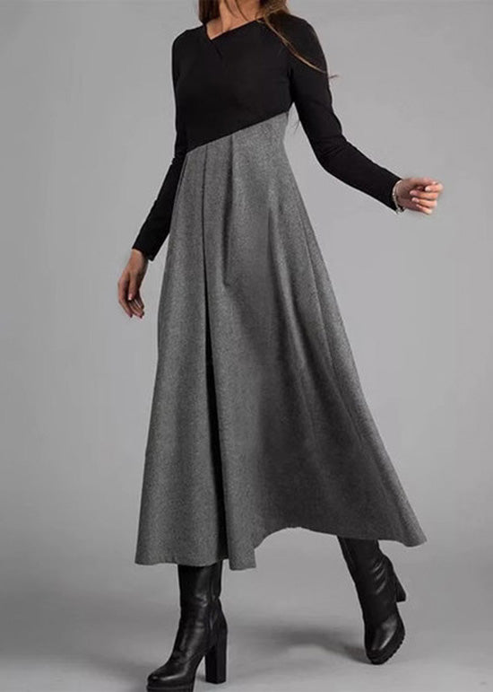 Elegant Grey Wrinkled Patchwork Woolen Long Dress Spring