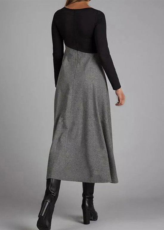 Elegant Grey Wrinkled Patchwork Woolen Long Dress Spring