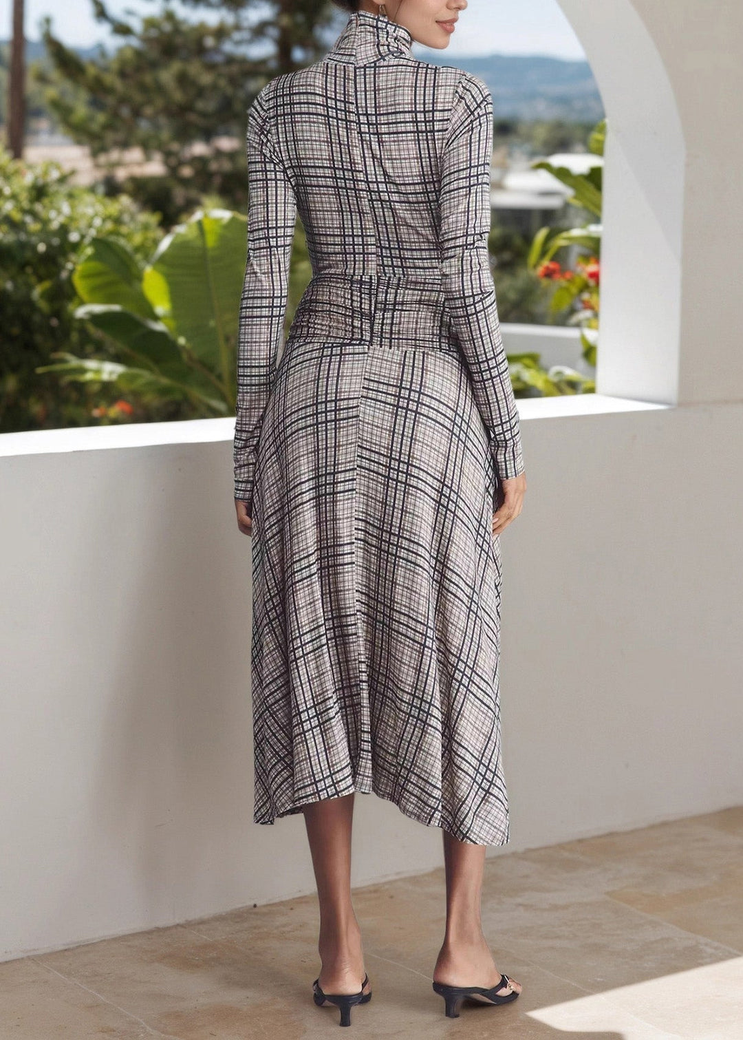 Elegant Hign Neck Plaid Patchwork Cotton Long Dresses Spring