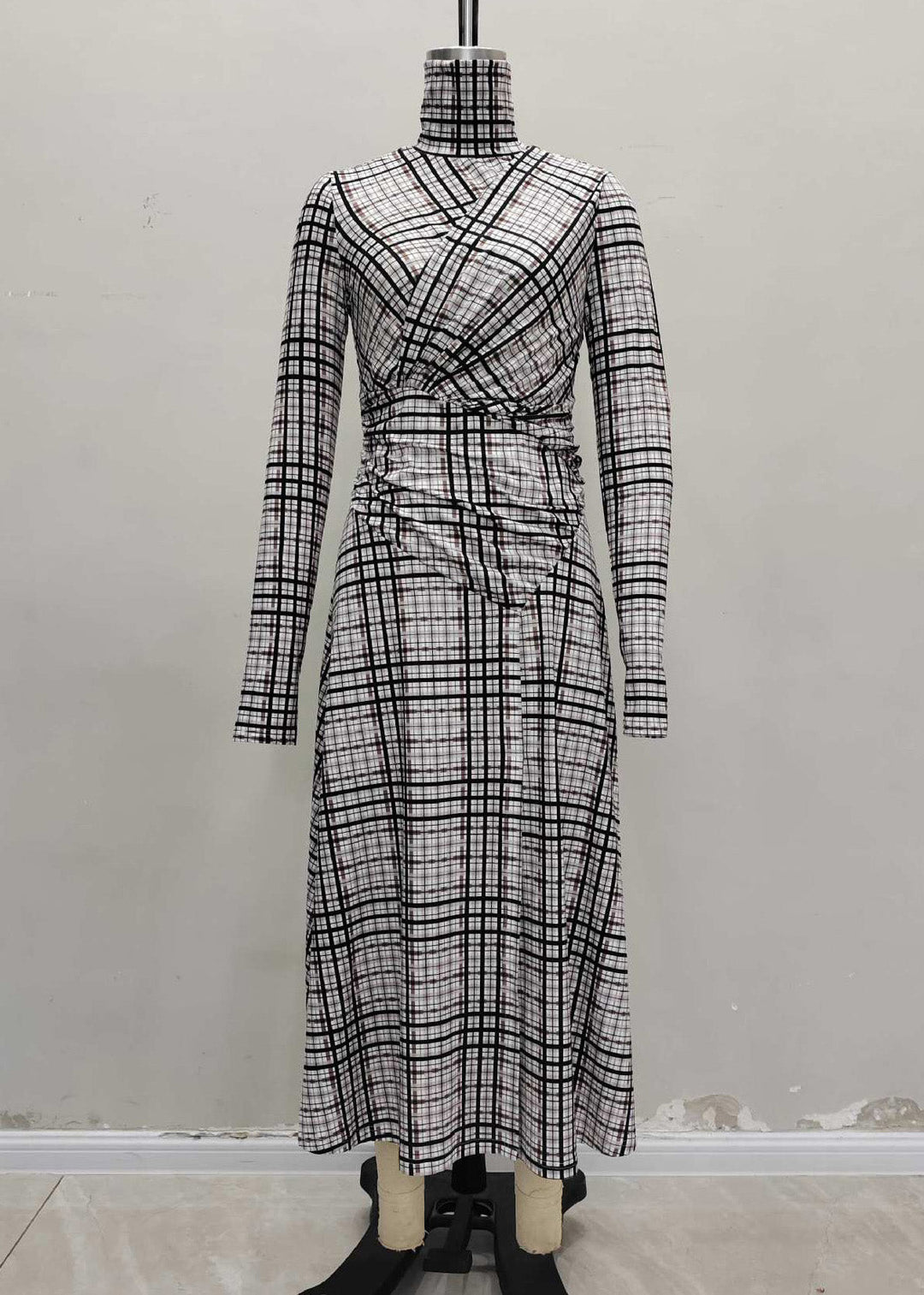 Elegant Hign Neck Plaid Patchwork Cotton Long Dresses Spring