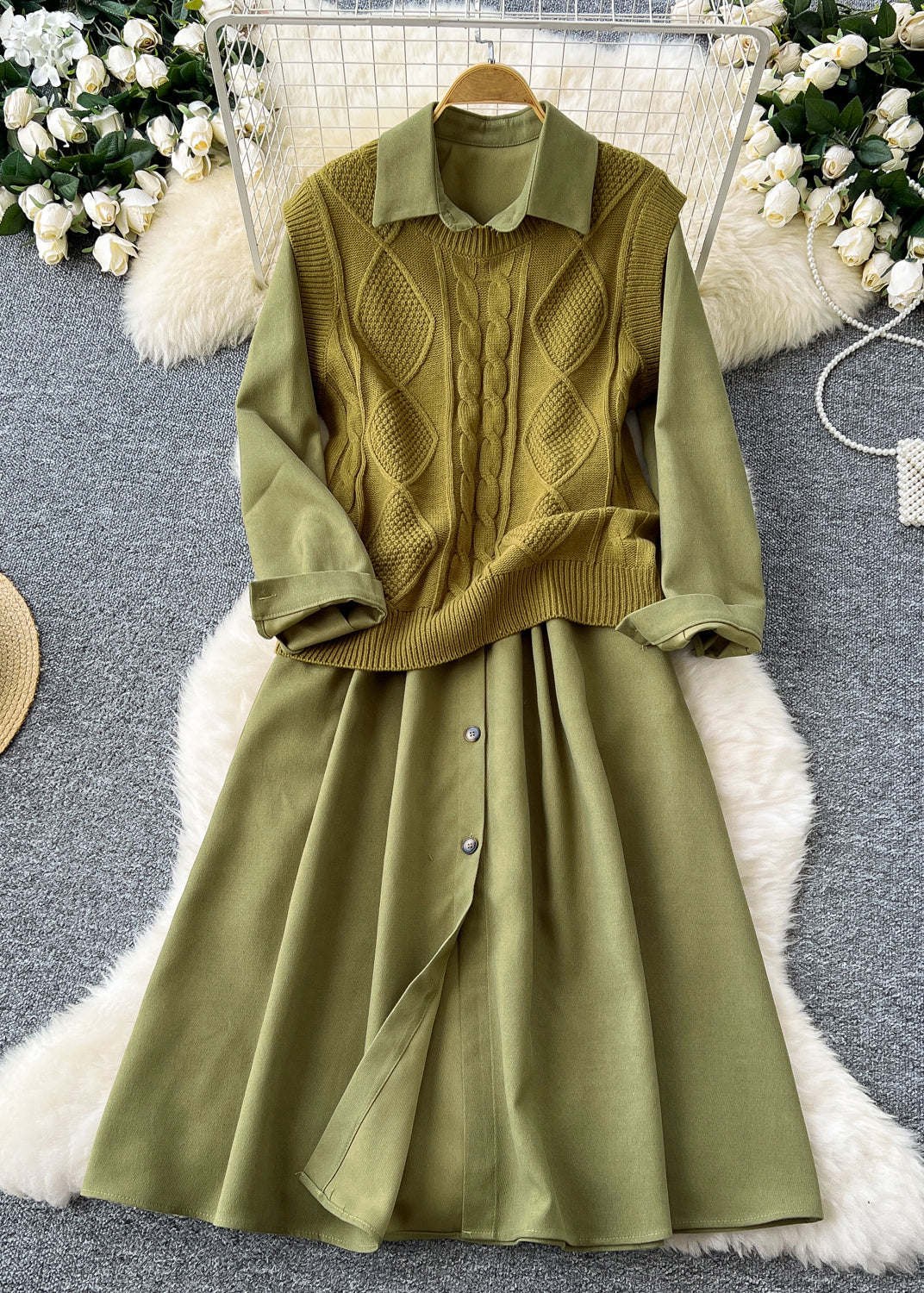 Elegant Khaki Button Knit Vest And Dress Corduroy Two Pieces Set Winter