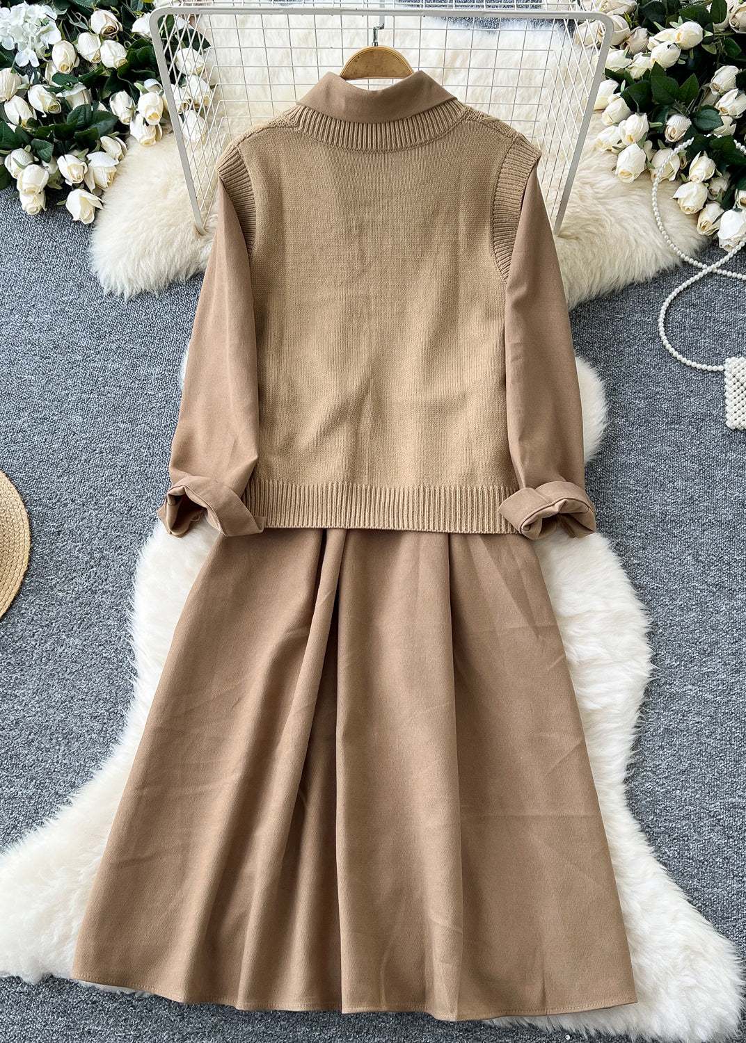 Elegant Khaki Button Knit Vest And Dress Corduroy Two Pieces Set Winter
