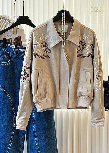 Elegant Khaki Embroidered Pockets Cotton Jackets Spring