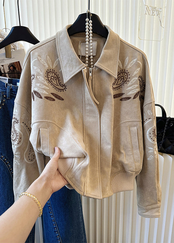 Elegant Khaki Embroidered Pockets Cotton Jackets Spring