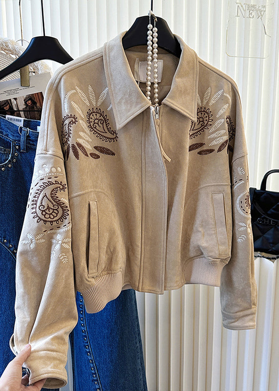 Elegant Khaki Embroidered Pockets Cotton Jackets Spring