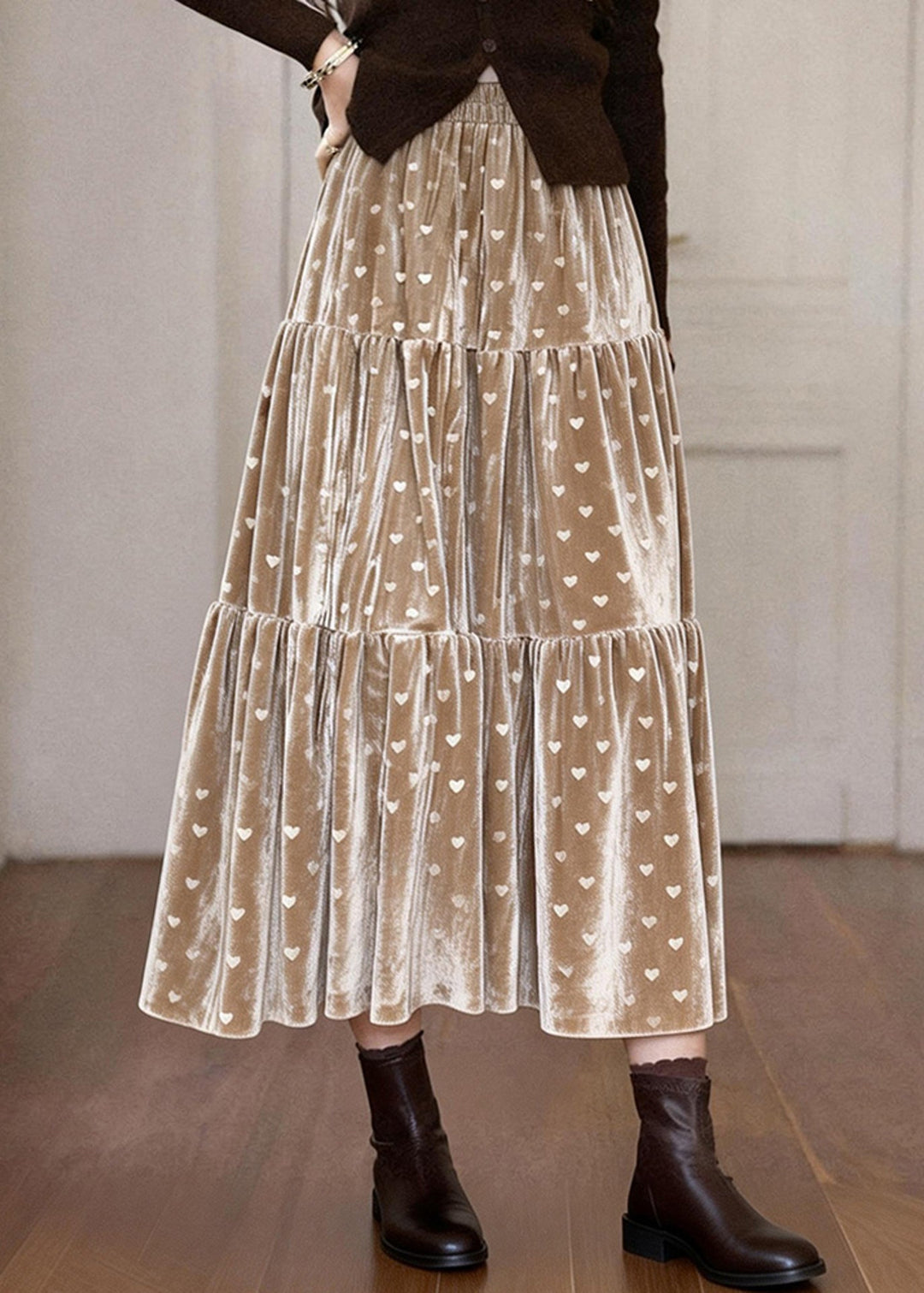 Elegant Khaki Love Print Patchwork Silk Velvet Skirts Spring