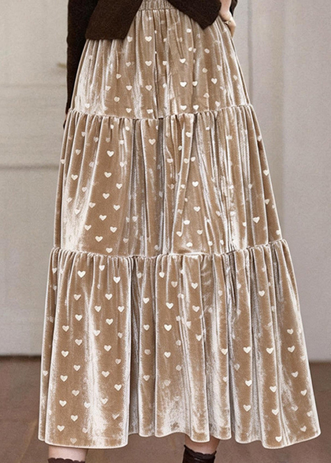 Elegant Khaki Love Print Patchwork Silk Velvet Skirts Spring