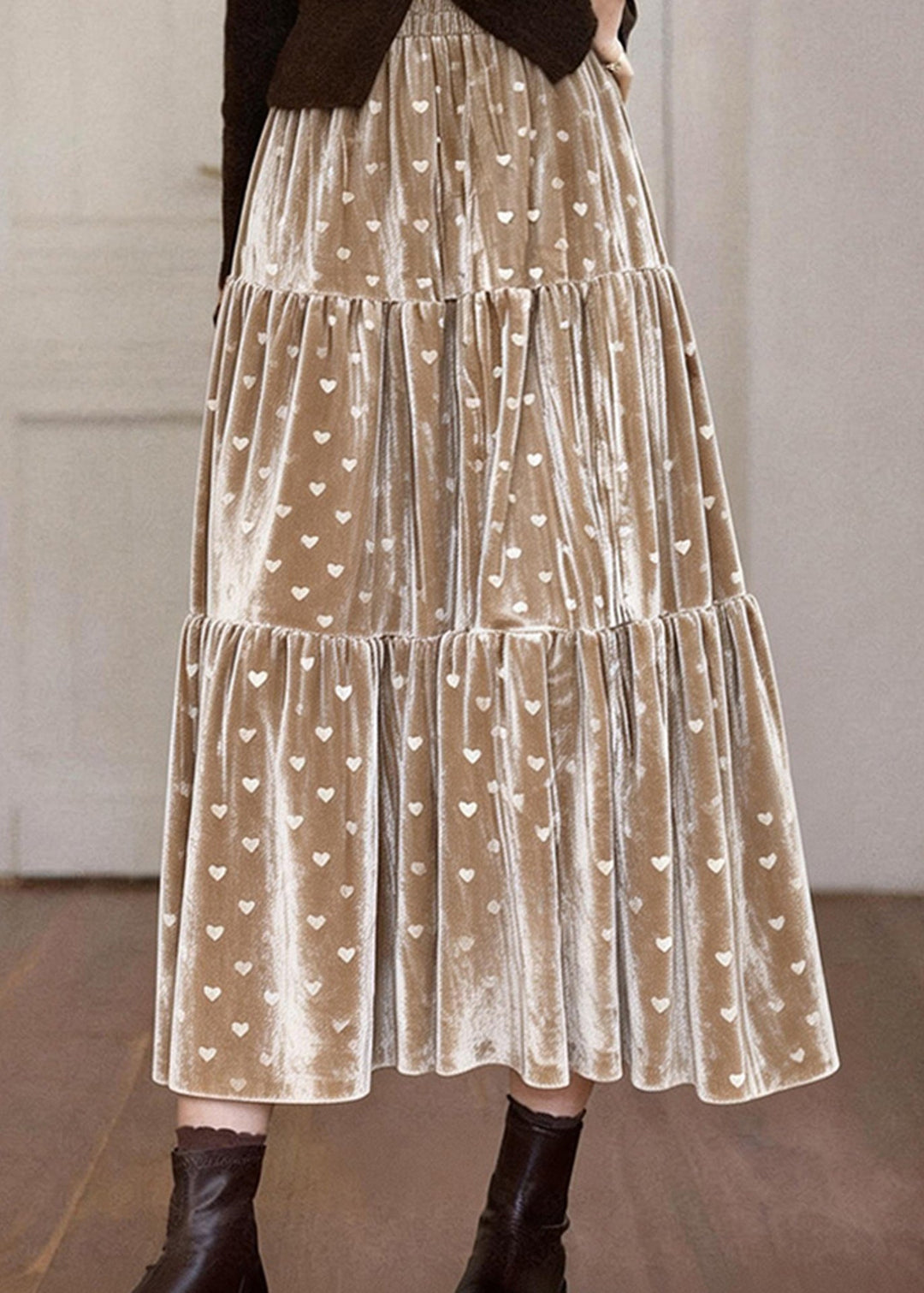 Elegant Khaki Love Print Patchwork Silk Velvet Skirts Spring