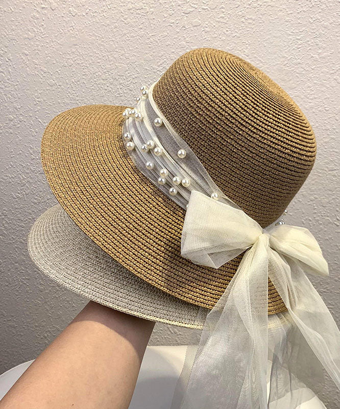 Elegant Khaki Nail Bead Bow Straw Woven Baseball Sun Hat