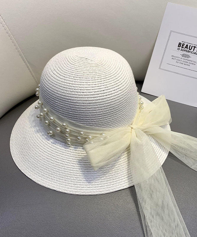 Elegant Khaki Nail Bead Bow Straw Woven Baseball Sun Hat