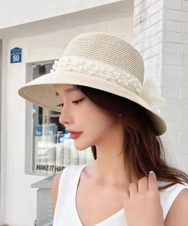 Elegant Khaki Nail Bead Bow Straw Woven Baseball Sun Hat