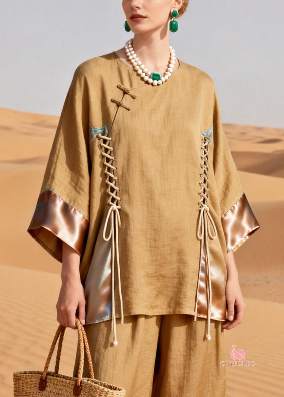 Elegant Khaki O Neck Drawstring Patchwork Shirt And Crop Pants Silk Linen Two Pieces Set