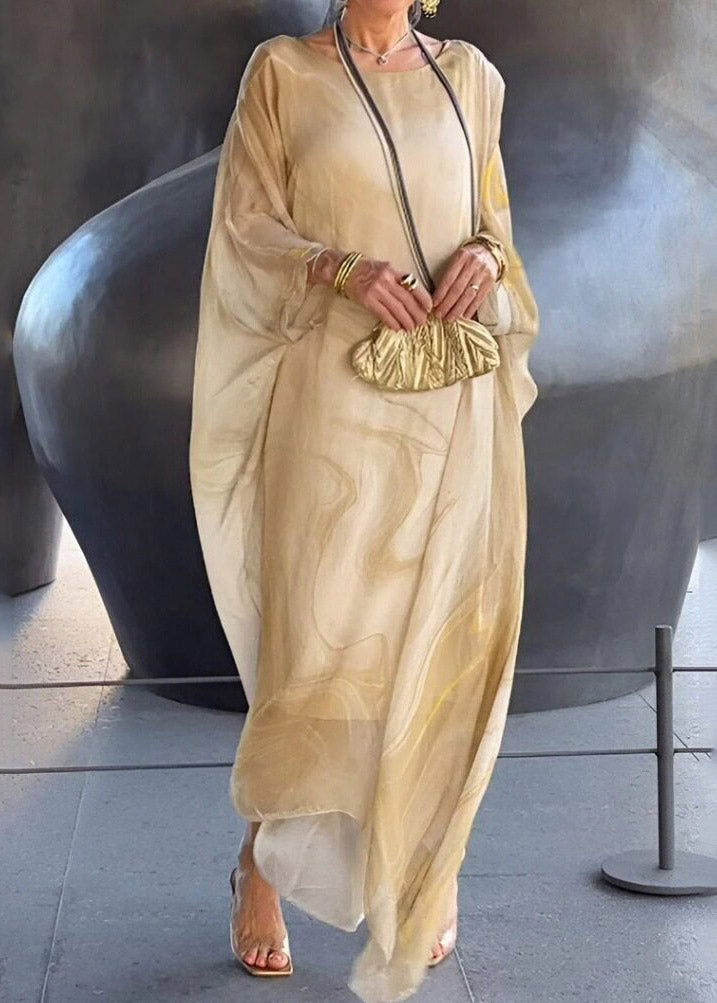 Elegant Khaki O-Neck Print Long Dress Fall