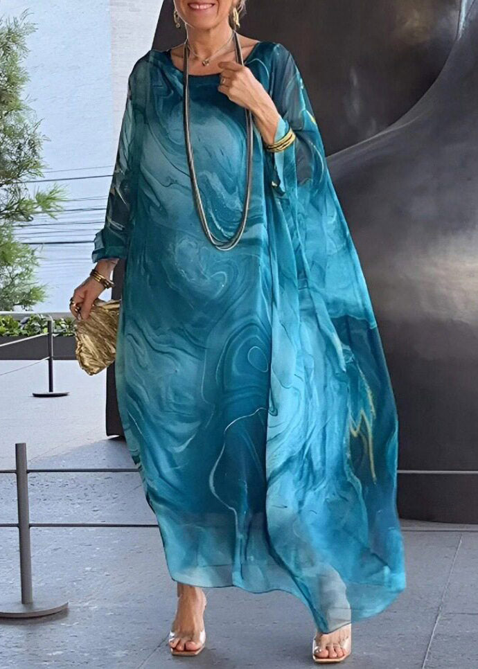 Elegant Khaki O-Neck Print Long Dress Fall
