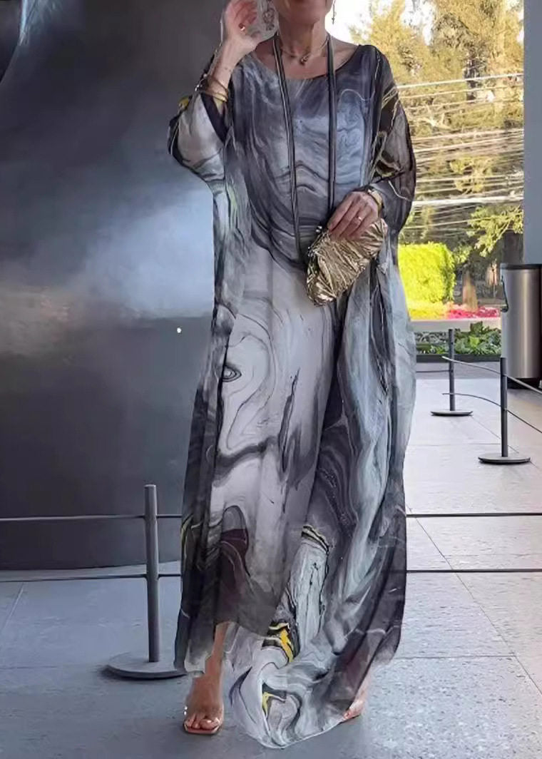 Elegant Khaki O-Neck Print Long Dress Fall